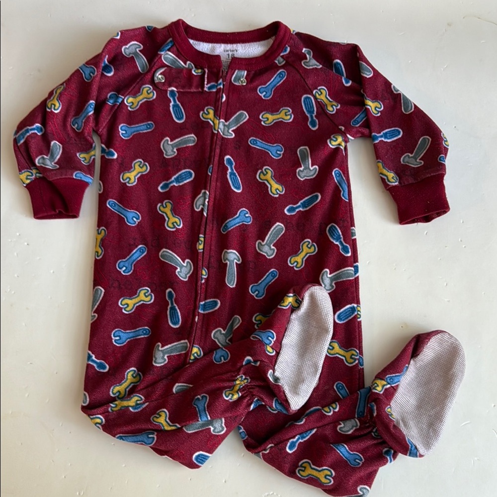 Carter's Burgundy One Piece Footed Pjs with Playful Tool Print 18 Months